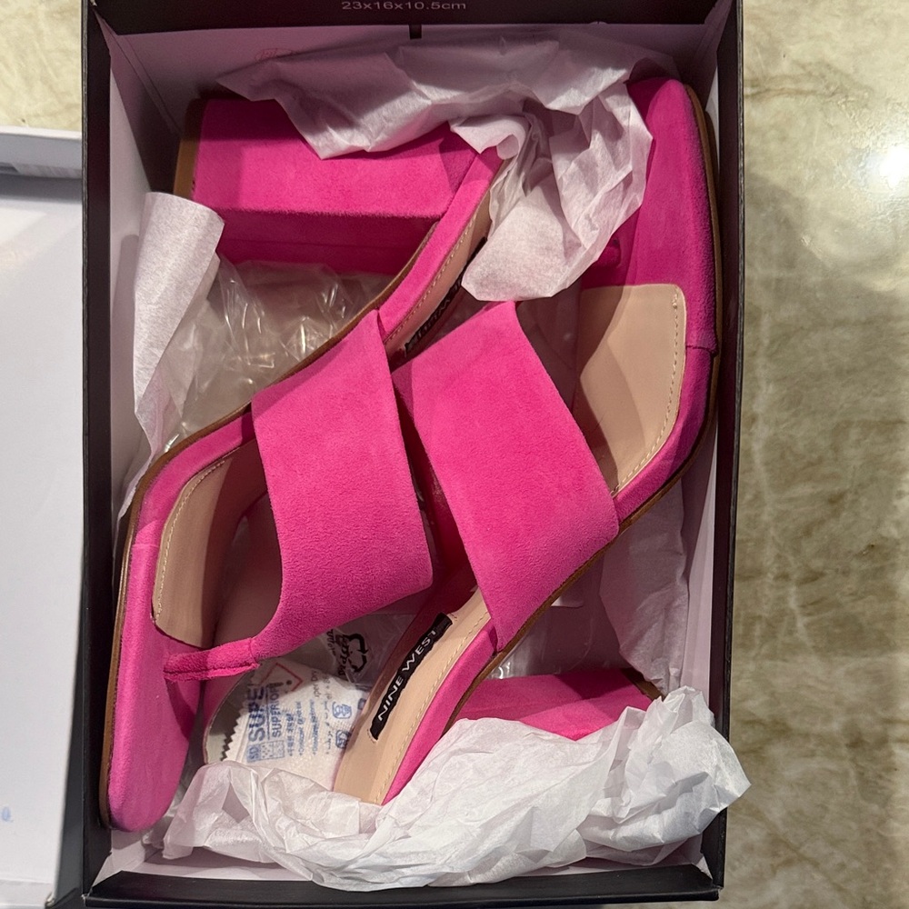 Nine West Bright Pink Suede Block Heel Sandals